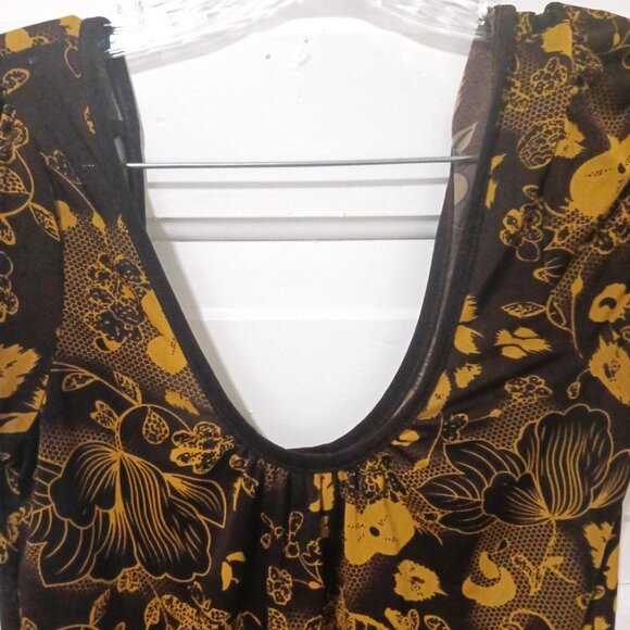 Womans Medium Brown & Yellow Floral Summer Top with Tie Back Neck by Sixteen - Picture 3 of 4
